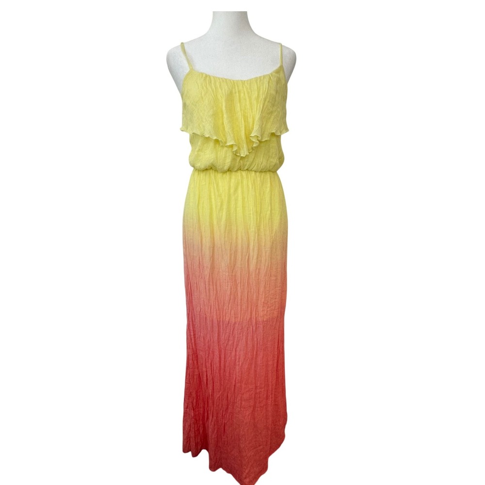 BCX Maxi Dress M Yellow Orange Ombre Spaghetti Strap Ruffle Bodice Gauzy Flowy